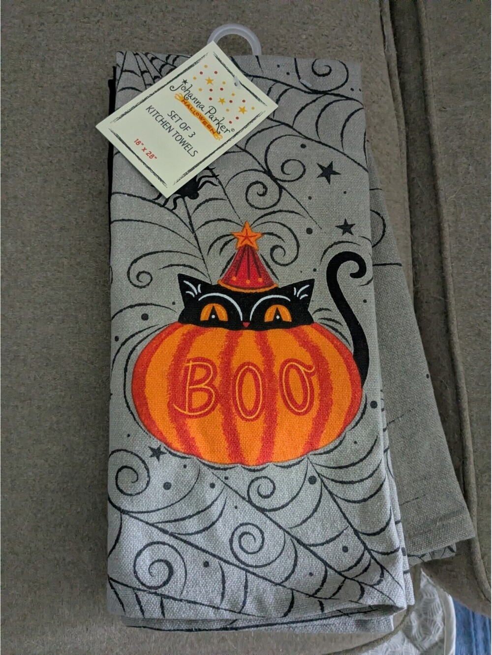 Johanna Parker Set of 3 Halloween Kitchen Towel Cat Pumpkins Boo Vintage